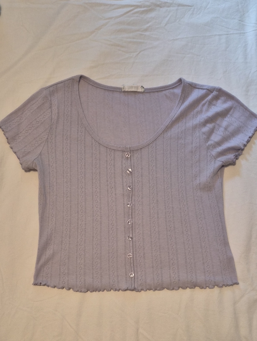 Pink Rose Pointelle Lilac Scoop-Neck Button Ruffle Trim Tee